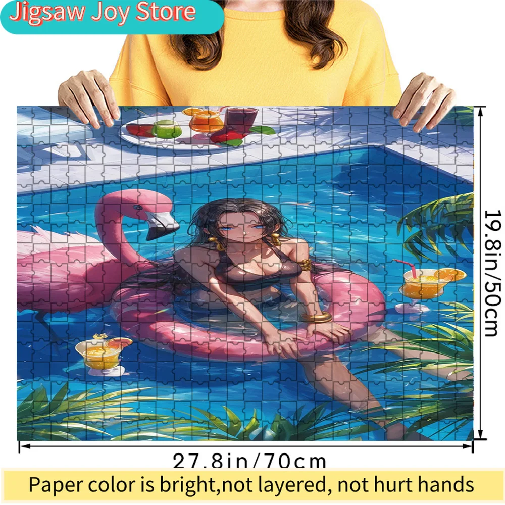

One Piece Boa Hancock Black Bikini Pink Flamingo Float Pool Party Scene Art Paper Jigsaw Puzzle, Pirate Empress Anime Character,