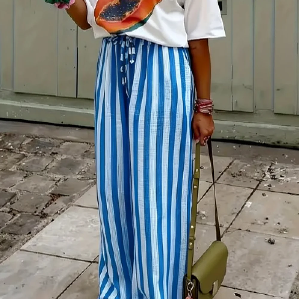 Womens Summer Loose Fit Straight Trousers High Waisted Casual Pants Contrast Stripe Print Comfortable Fashion Bottoms