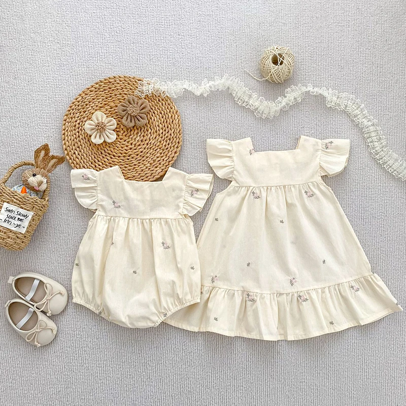 Sommer Passende Schwester Kleid Outfit Baby Mädchen Kleidung Mädchen Fliegende Ärmel Kleid Gestickte Blume Baby Strampler Prinzessin Kleid