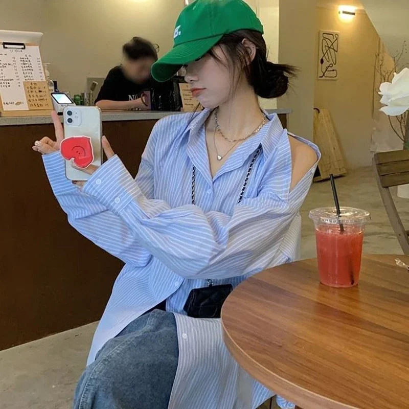 Chemises à revers rayées pour femmes, décontracté, simple, style coréen, confortable, tout match, évidé, mode féminine, 03, printemps