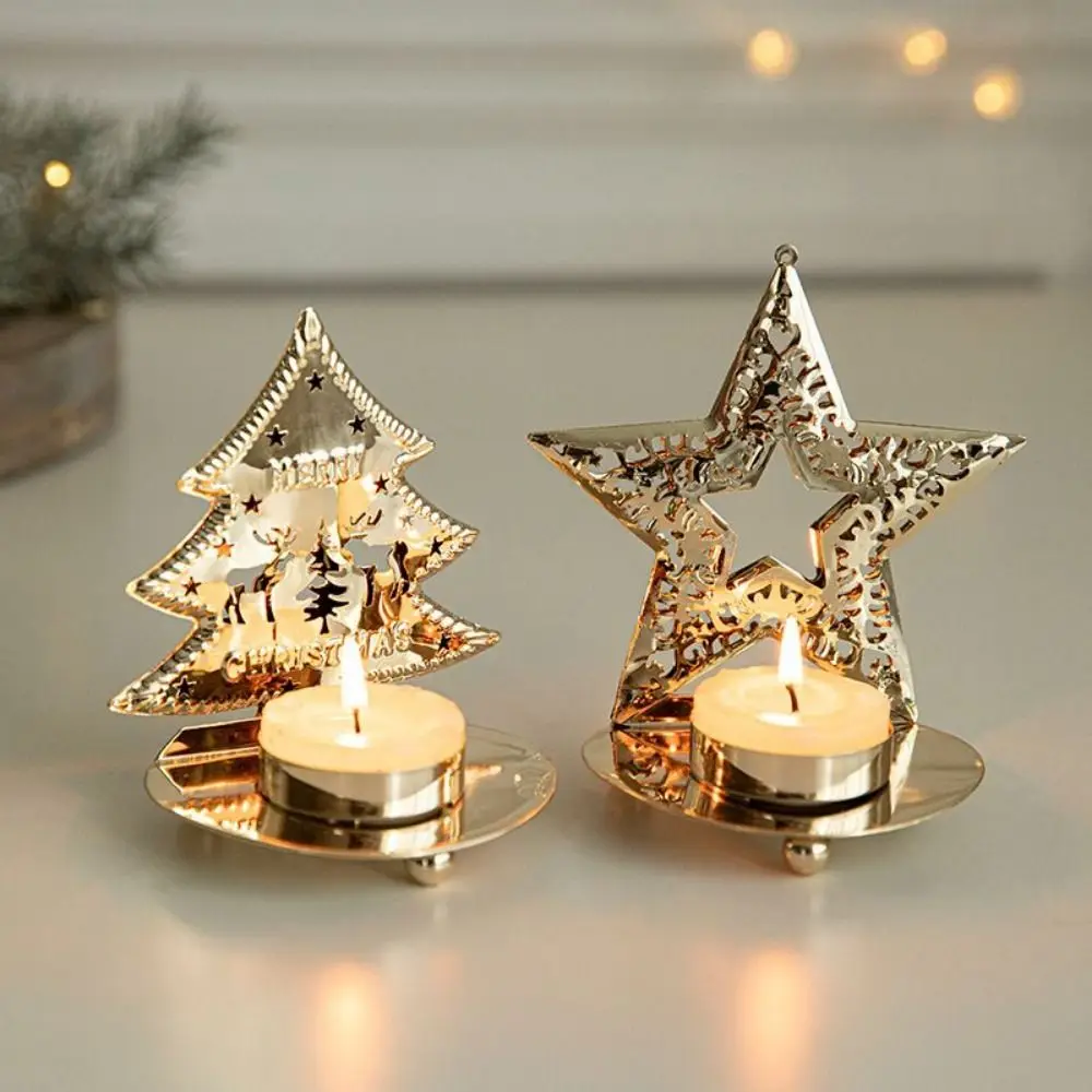 

Iron Art Christmas Candle Holder Exquisite Wrought Gold Hollow Candlesticks Unique Metal Table Ornament Wedding Party