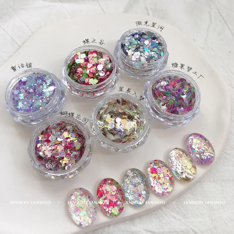 1 Stuk Holografische Nail Art Poeder Chunky Gemengde Zeshoek Ster Glitter Pailletten Voor Manicure Nagel Decoraties Losse Glitter