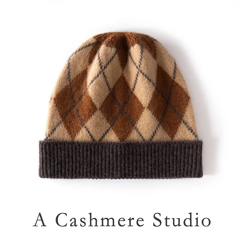 High-Puality 100% Cashmere Knitted Hats in Autumn And Winter, Plaid Padded Pullover hats, Casual Fashion, Outdoor Warmth And