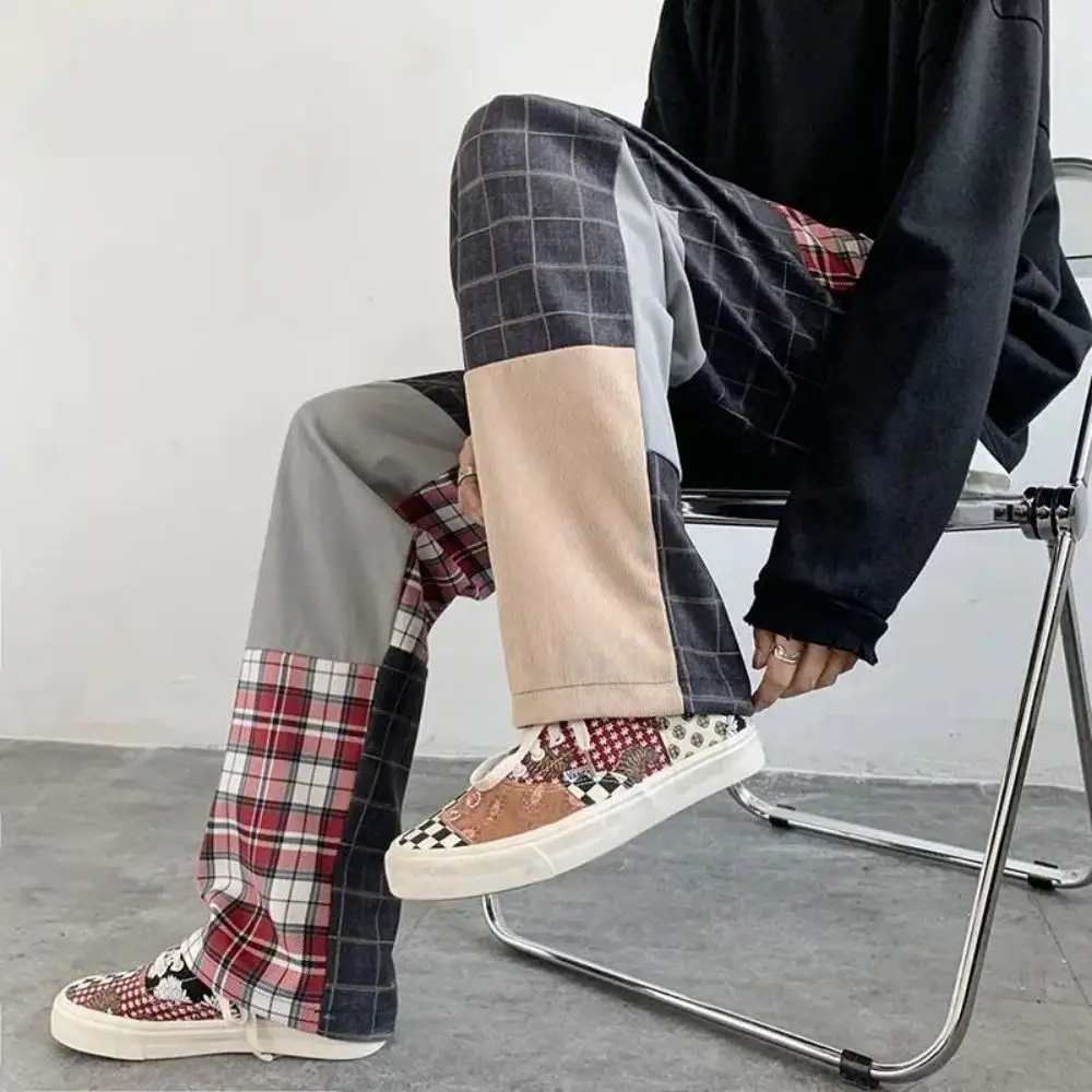 

Patchwork Plaid Streetwear Pants Men Korean Harajuku Wide leg Trousers Color Contrast Drawstring Loose Oversize Hip Hop