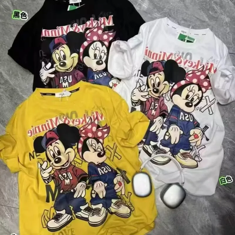 

Европейские товары 2025 г., летняя новая винтажная футболка большого размера с принтом Микки Дейзи, футболка с короткими рукавами, женская свободная мода, топ Y2k