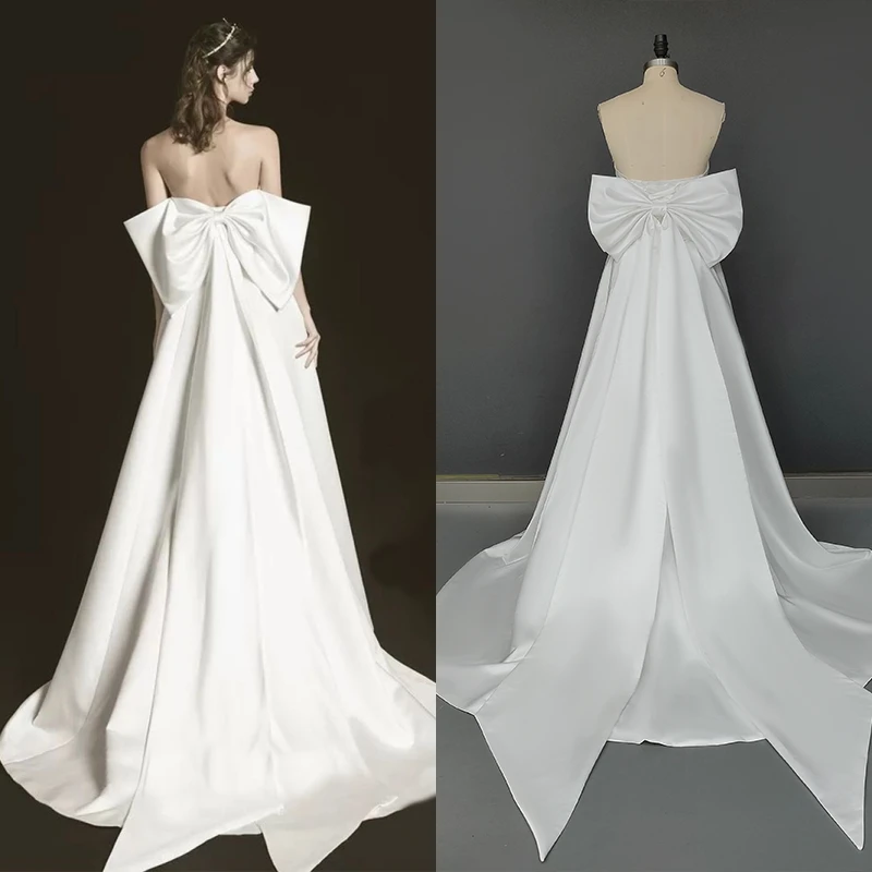 3422 #   Vestido de novia de satén sin espalda, elegante, personalizado, sin mangas, con lazo grande desmontable