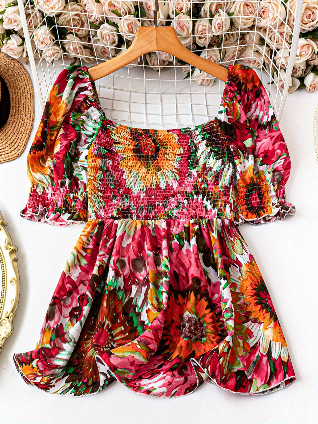 Women's Plus-Size Elegant Smocked All-Over Print Blouse – Square Neck, Short Sleeve, Fitted Waist – Casual Vacation Top