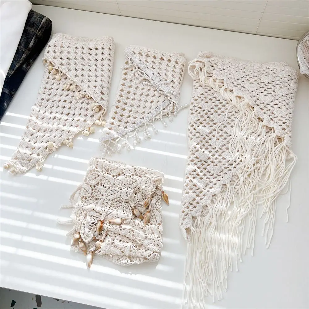

Bohemian Tassel Knitted Triangle Scarf Countryside Style Exotic Crochet Flower Scarves Cape White Hollow Out Lace Shawl Female