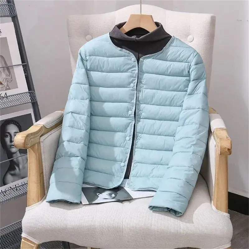 652F Women Winter O-Neck Button Down Short Down Jackets Lightweight Padded Coat