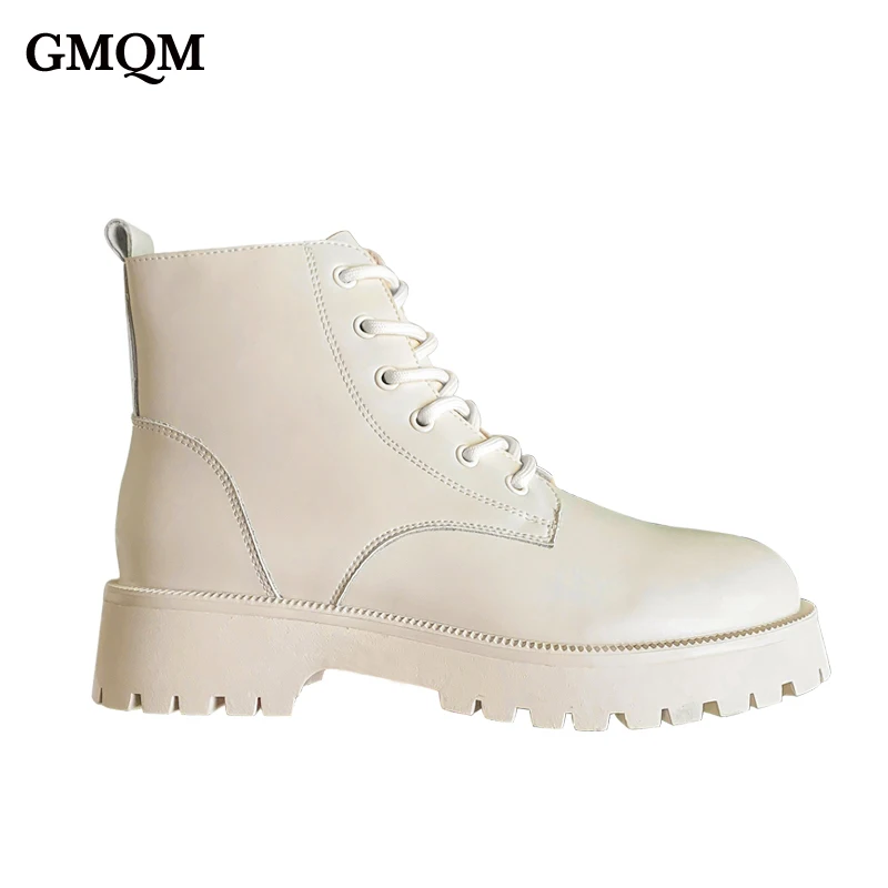 

GMQM Fashion Women's Genuine Leather Platform Ankle Boots New Autumn Winter Warm Plush Thick Sole Lace-Up Shoes British Style