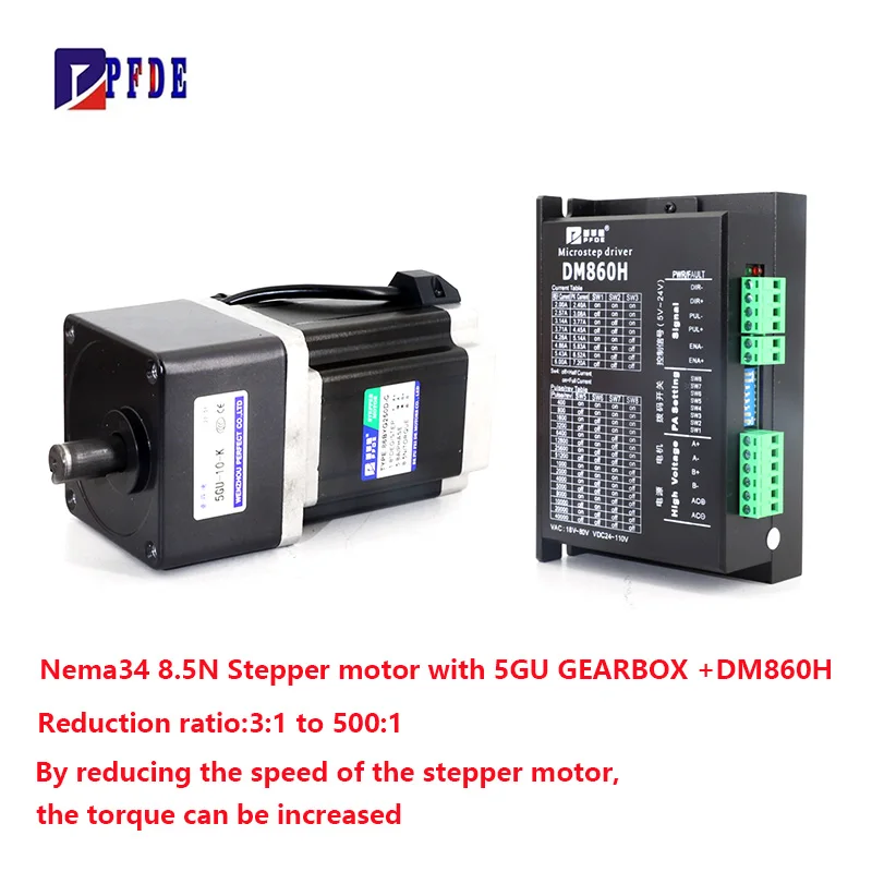

Nema34 8.5N Шаговый двигатель с коробкой передач 2-фазный 4-проводной шаговый двигатель с редуктором и шаговым приводом DM860H для резки с ЧПУ
