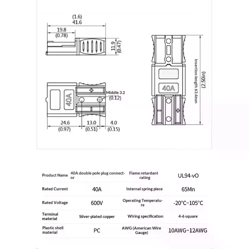 2Pcs 40A 600V Large Current Power Connector Amp Plug Terminal Forklift Battery Connector Wire Cable Connectors