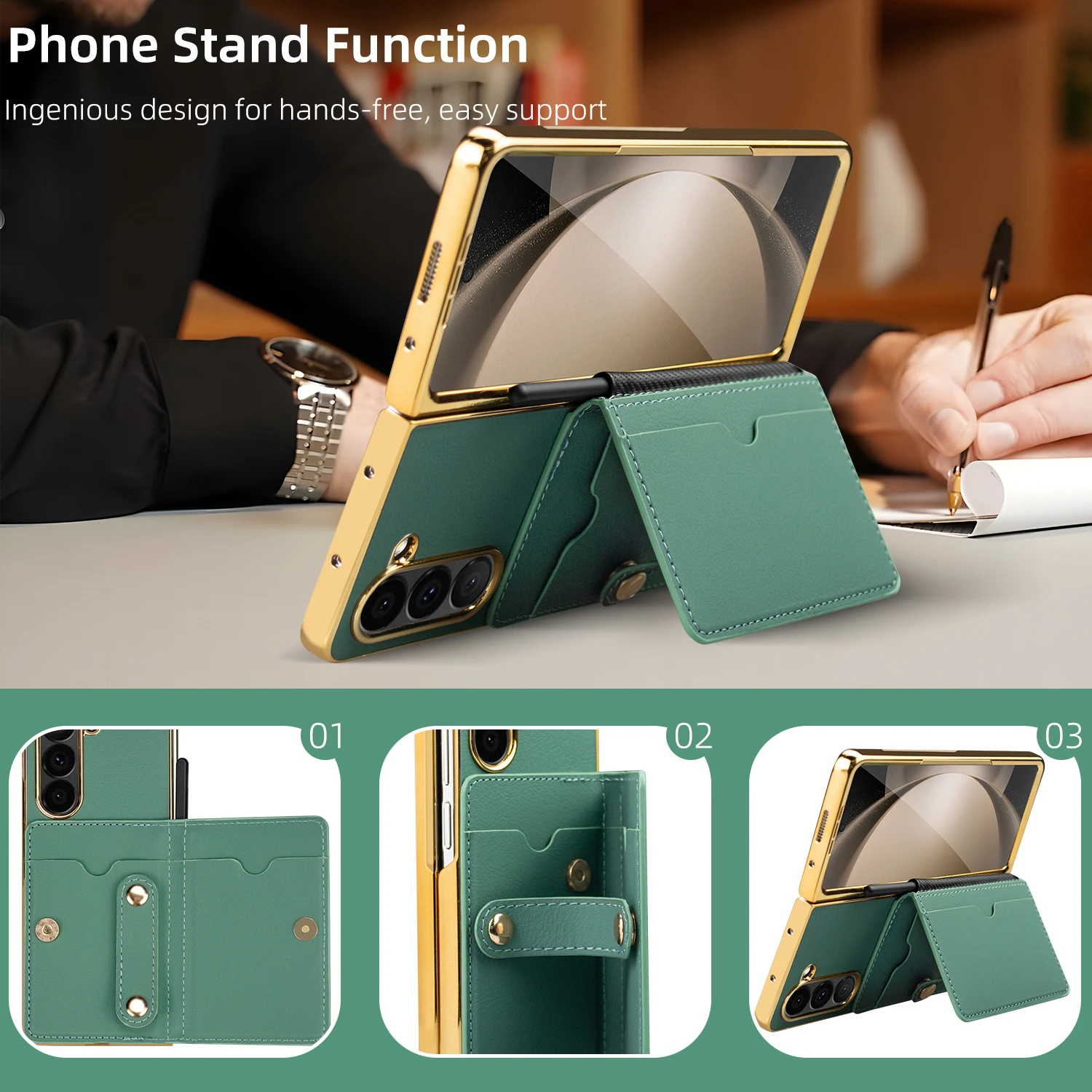 VIETAO Plain PU Leather Mobile Case With Card Slots&Card Holder&Front Screen Protector For Samsung Galaxy Z Fold 6 Plating Green