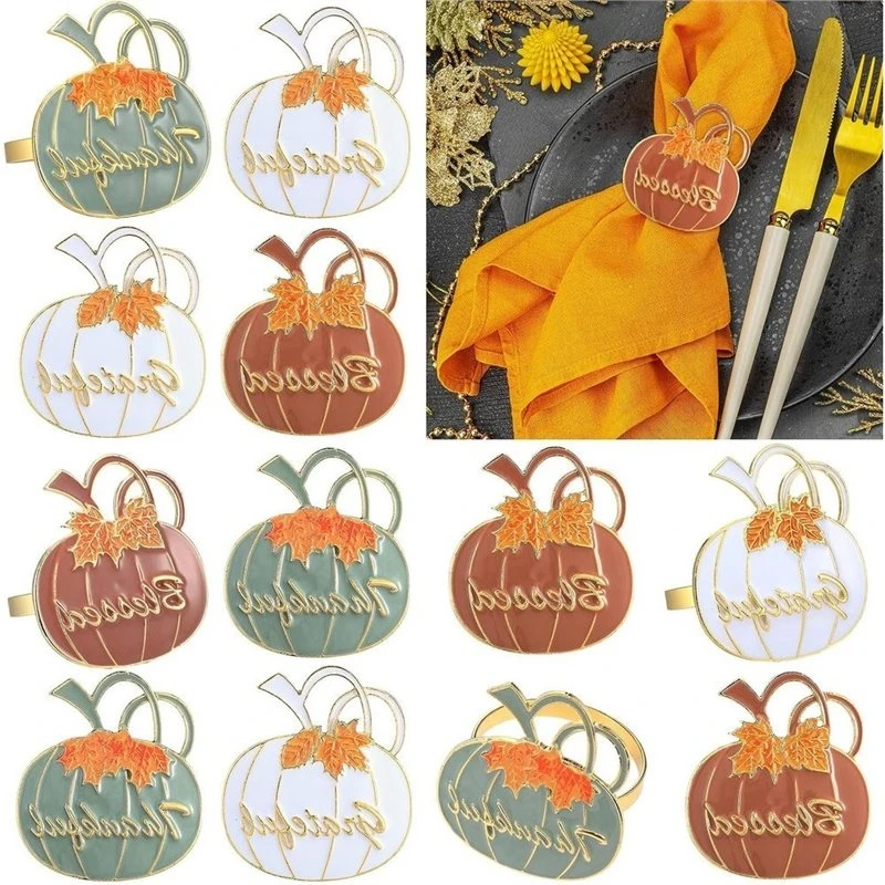 LLCS-For Thanksgiving Napkin Rings 12 Pcs Pumpkin Maple Leaf Design For Halloween For Thanksgiving Table Decorations