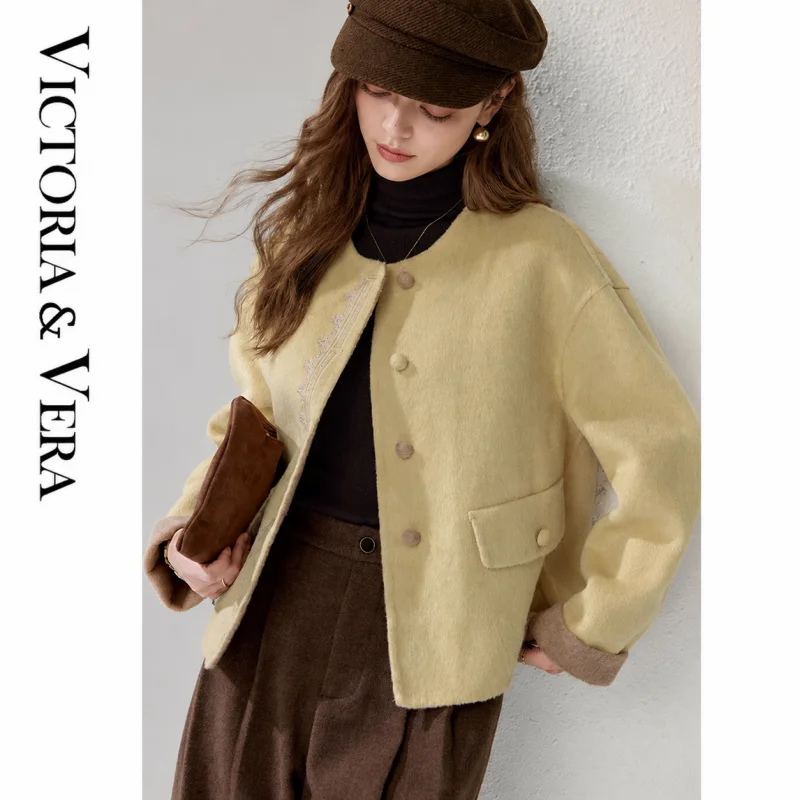 Women's Round Neck Button Front Short Coat, Embroidered Relaxed Fall Winter Casual Jacket