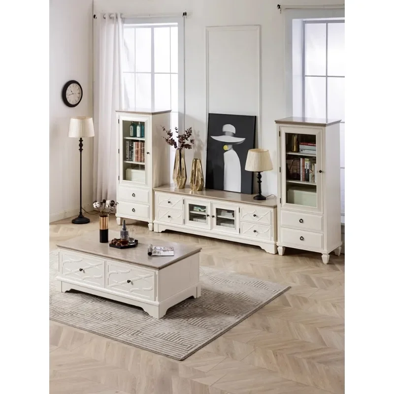 American solid wood carving flower coffee table TV cabinet combination light French cream holiday Suitable for indoor use