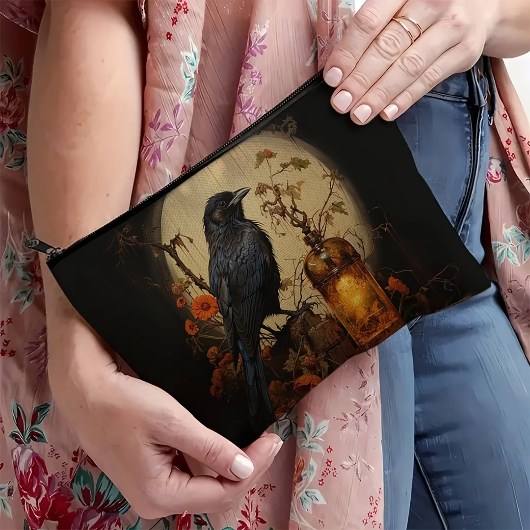 1pc Hot Retro Black Crow Cosmetic Bag, Makeup Brush Aesthetic Accessory Kit, makeup Storage Bag