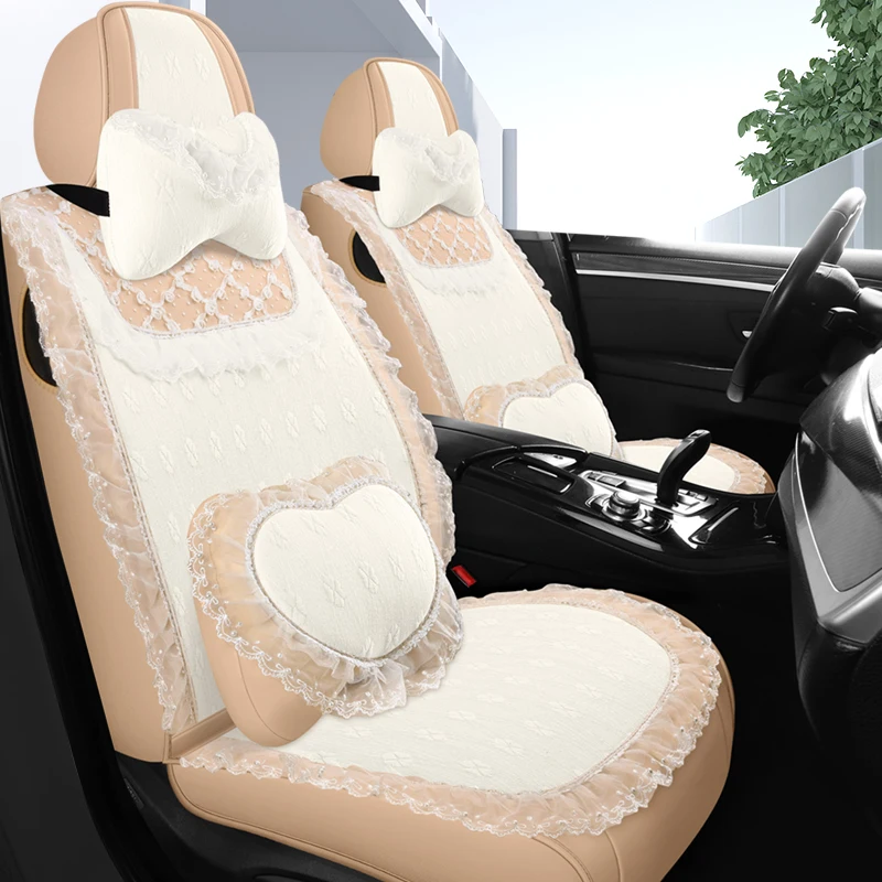 Cute Pink Car Seat Cover Set for Women Universal Breathable Plush Lace Trim Flower Seat Cushion Protector Interior Accessories