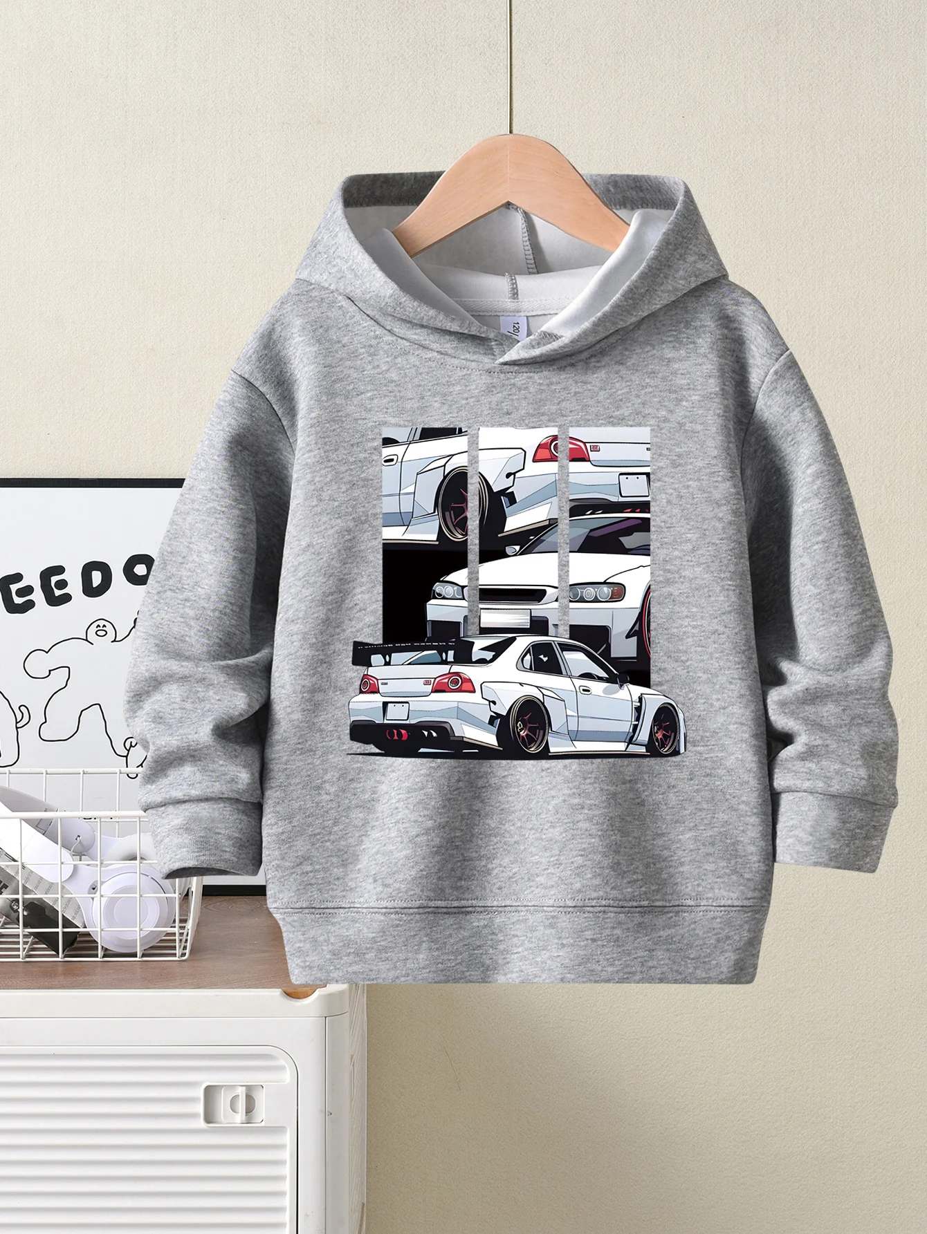 

Boy's hoodie sweatshirt with car print pattern; trendy children's clothing for middle and older children; casual hooded top with