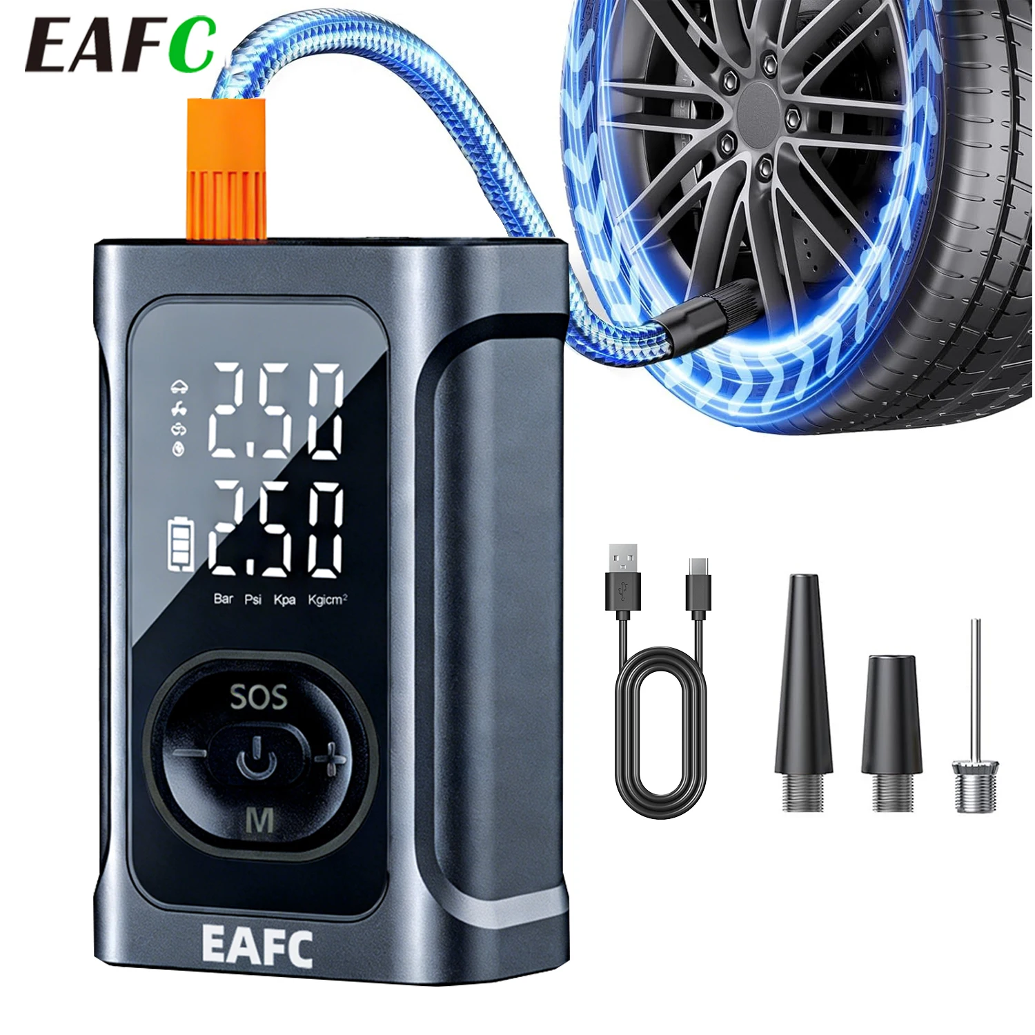 EAFC Bomba de aire recargable, inflador de neumáticos, compresor portátil, inflador de neumáticos digital inalámbrico para coche, motocicleta, bicicleta, pelotas