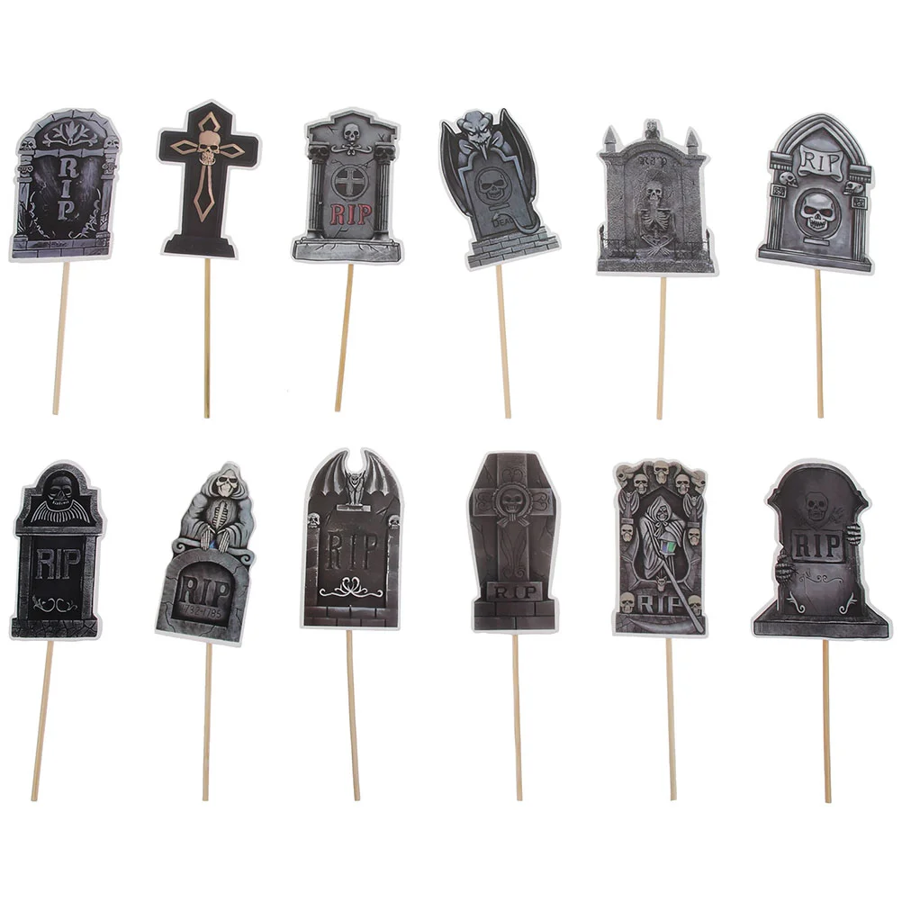 

12 Pcs Scary Cake Topper Halloween Tombstone Slots Decor Decorations Paper Cup Tombstones Cupcake Picks