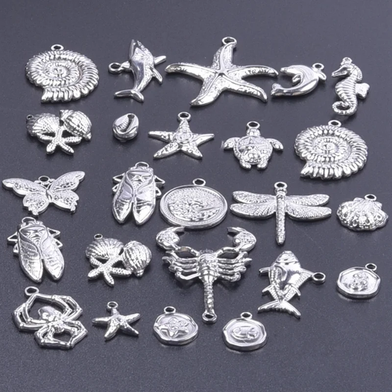 5Pcs/Lot Stainless Steel Mixed Goth Moth Butterfly Beetle Halloween Spider Breloques Sea Animal Shell Starfish Pendant Jewelry
