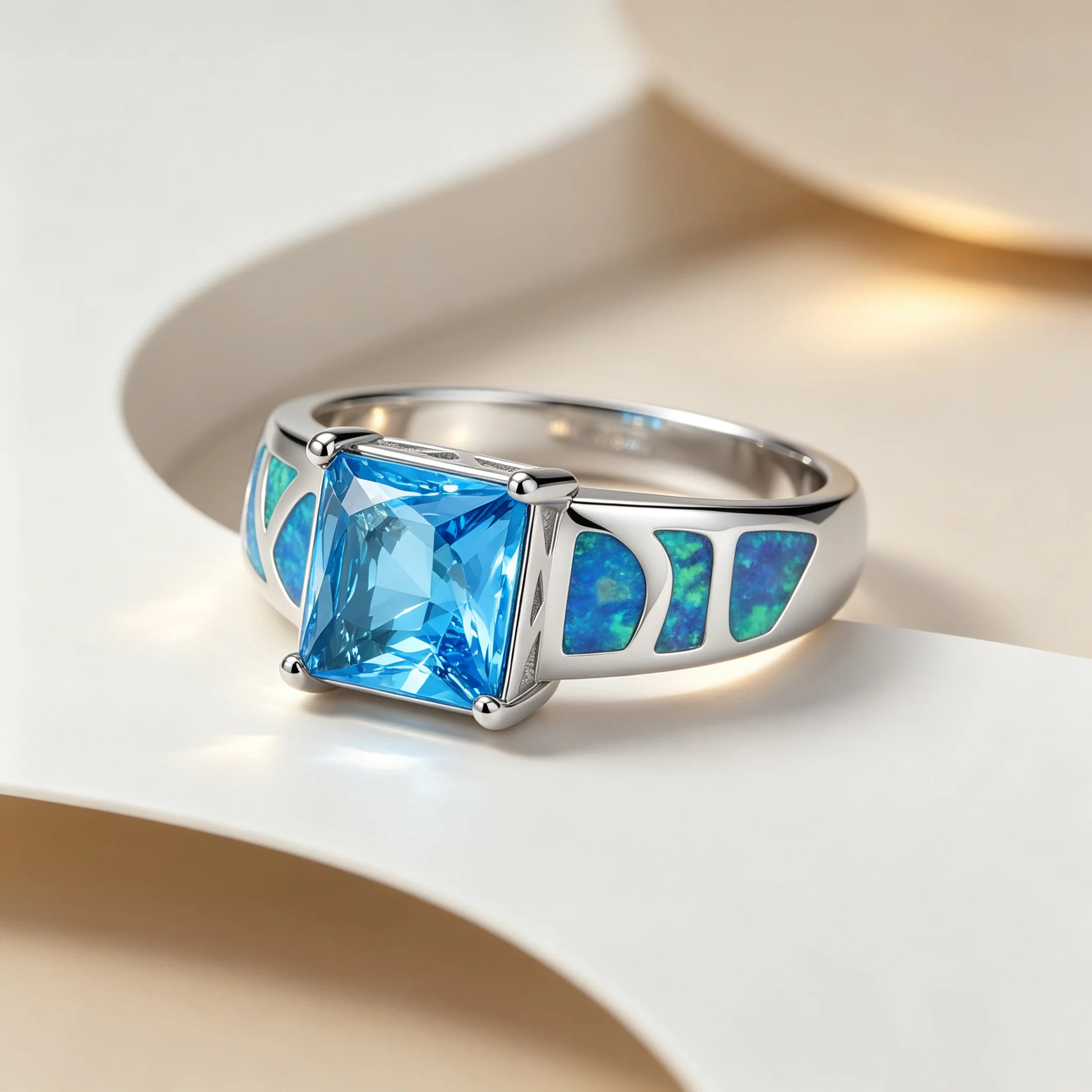 Sleek Geometric Square Cubic Zirconia Ring for Women with Blue Opal Modern Fashion Finger Jewelry for Work Daily Party  Dating