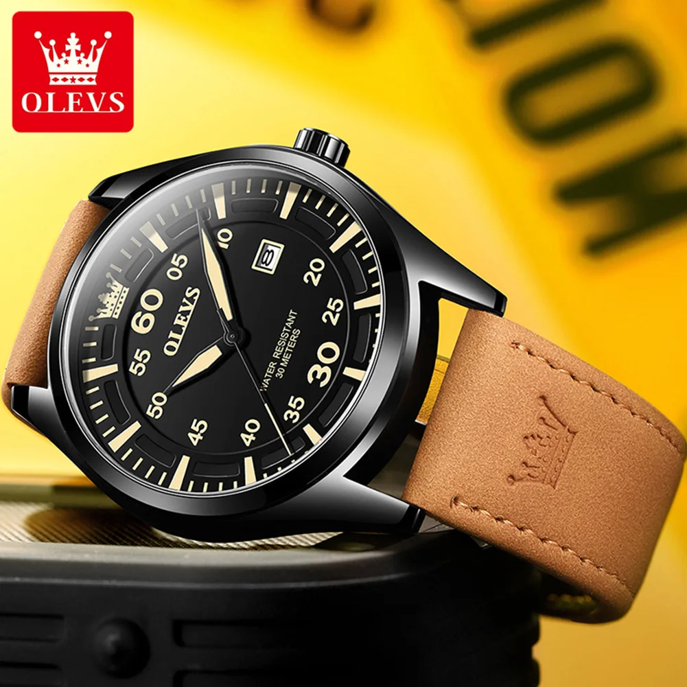 OLEVS Watch For Men Luxury Brand Military Leather Big Digital Dial Waterproof Frosted Leather Wristwatch Relogio Masculino 9962