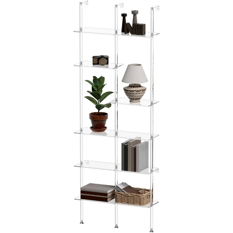 Narrow Acrylic Bookshelf, Wall Mounted, 6-Tier Clear Ladder Bookshelf With Open Shelves, Multipurpose Bookcase For Living Room,