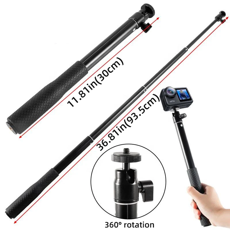 Aluminum Extendable Pole 360 Degree Rotation Ball Head Selfie Stick with 1/4 Screw Hole for GoPro Hero Action Camera and Phone