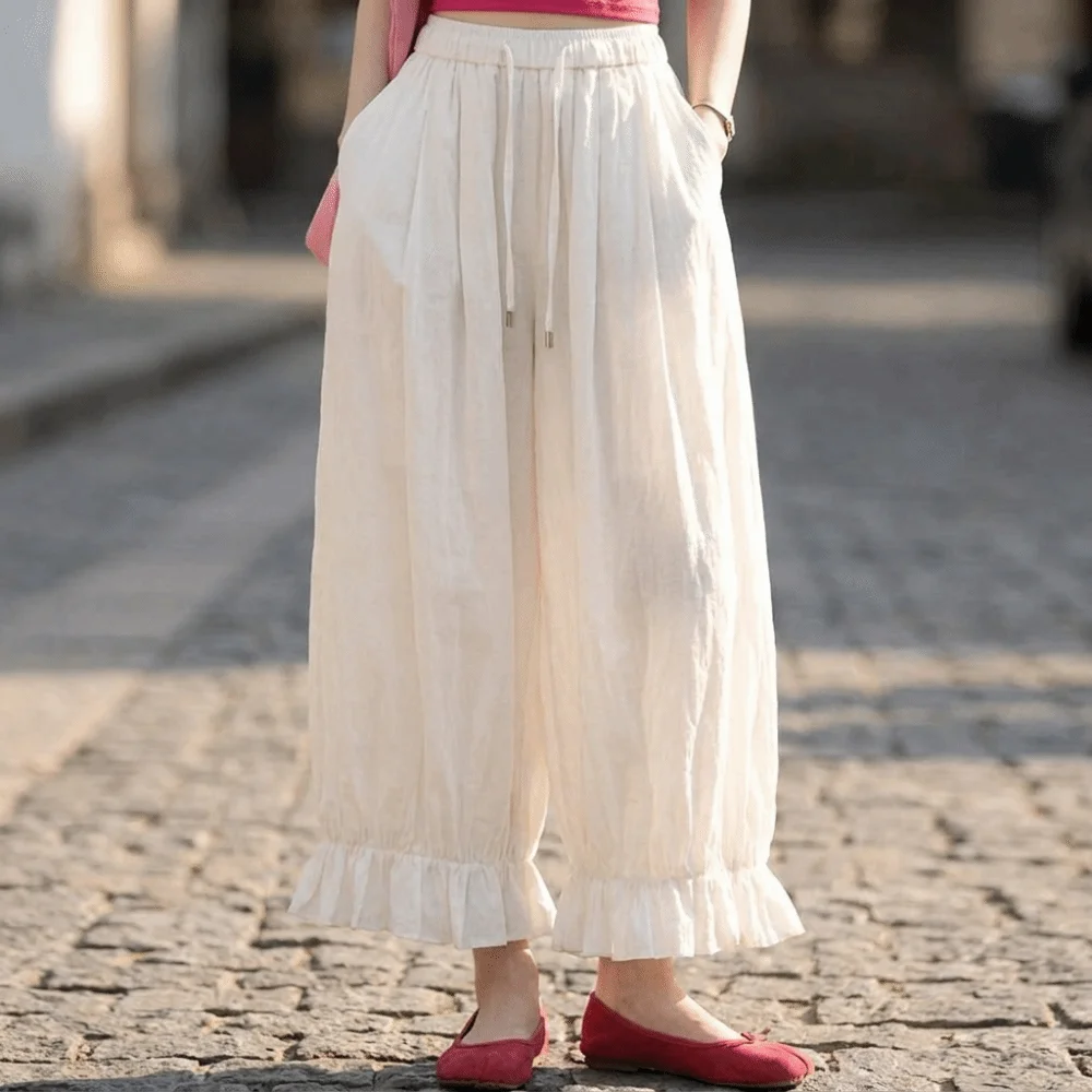 Elastic Waistband Wide Leg Pants Flowy Drape Lightweight High Waist Trousers Tiered Seam Full Length Women Summer High Waist