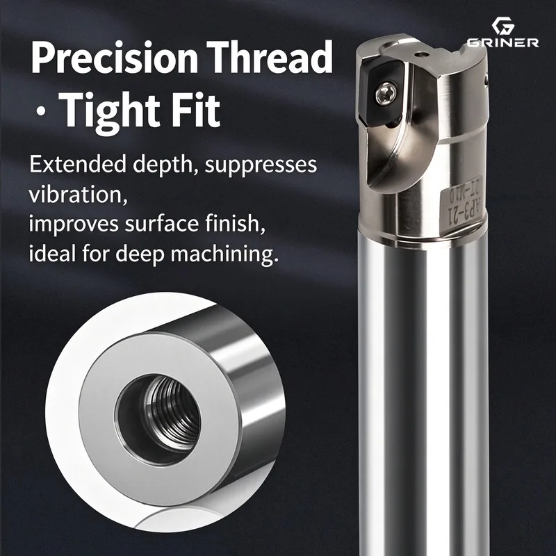 GRINER Solid Tungsten Carbide Shock‑Resistant Milling Tool Bar, Lock‑Thread Anti‑Vibration Extension Shank For CNC Milling Machi
