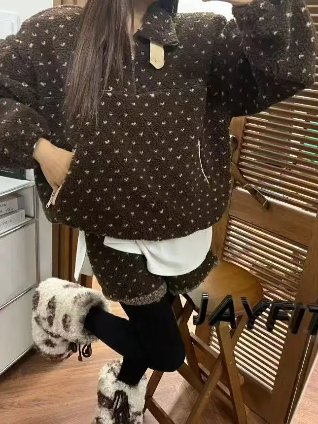 

Chic Heart Shaped Fleece Casual Set Women's Autumn Winter Warm Flipped Collar Sweatshirt Fleece Lined Shorts Two Piece Set