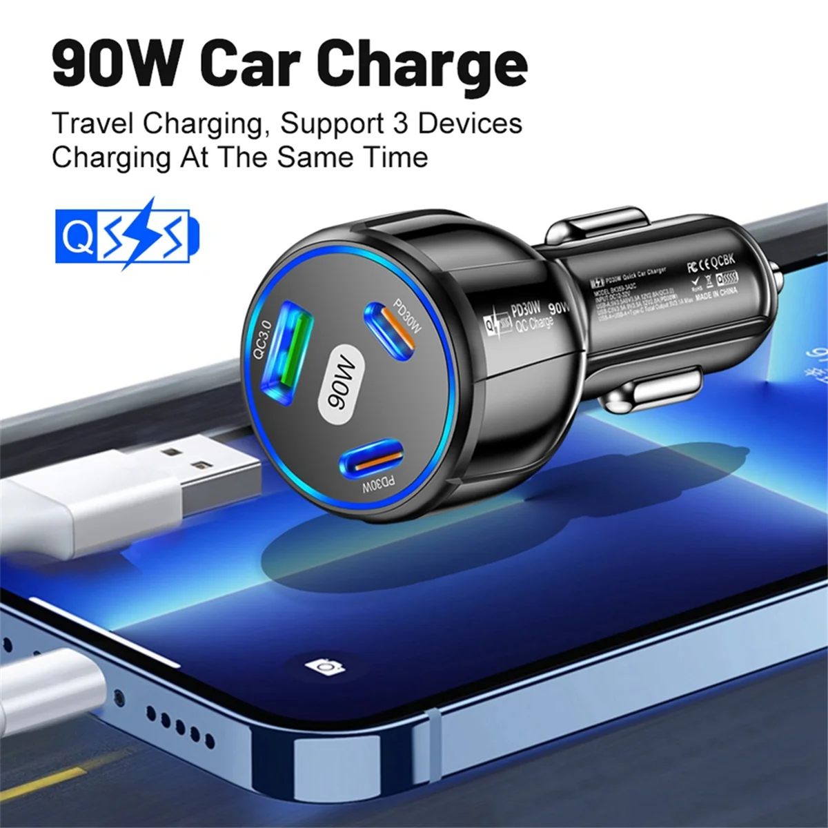 Cargador de coche USB tipo C de 90W, adaptador de corriente de carga rápida 3,0 para IPhone 14, 13, 12, Xiaomi 13, Samsung