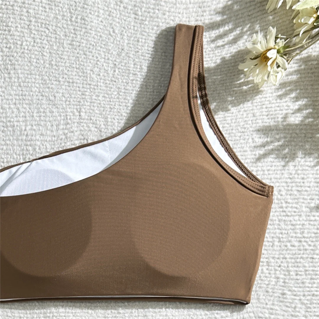 Neuer, geraffter, asymmetrischer Bikini mit hoher Taille, Damen-Badeanzug, zweiteiliges Bikini-Set, Badebekleidung, Badeanzug, Modell V5857. – Detail 24