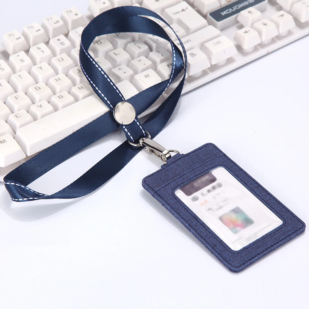 

1Pcs Hanging Badge Holder PU Card Cover with Neck Strap Lanyard for Office Id Protector Dark Blue