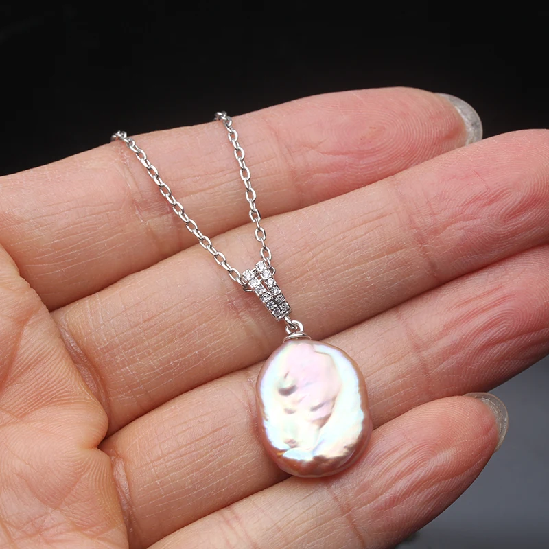Real Natural Baroque Flat Pearl Pendant 925 Silver Woman,Wedding Freshwater Pendant With Pearls Wife Daughter Birthday Gift