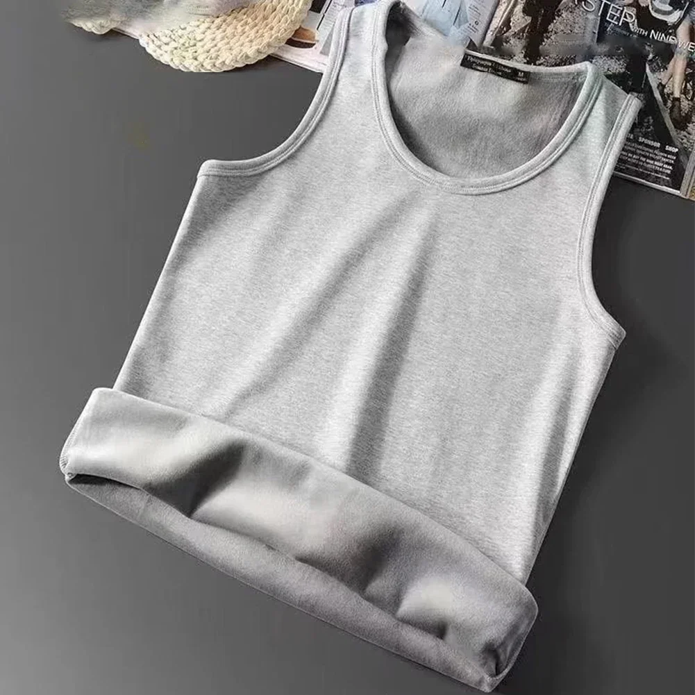 Fashion Mens Undershirt Fleece Keep Warm O Neck Sleeveless Slim Fit Solid Color Tank Top Thermal Base Layer Autumn