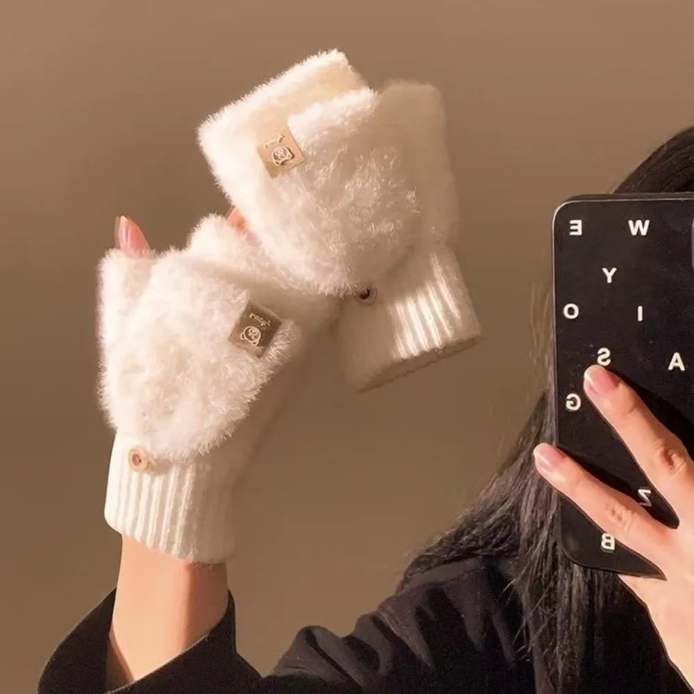 Thermal Soft Plush Flip Cover Gloves Fuzzy Warm Half Finger Gloves Touch Screen Cartoon Convertible Mittens Daily