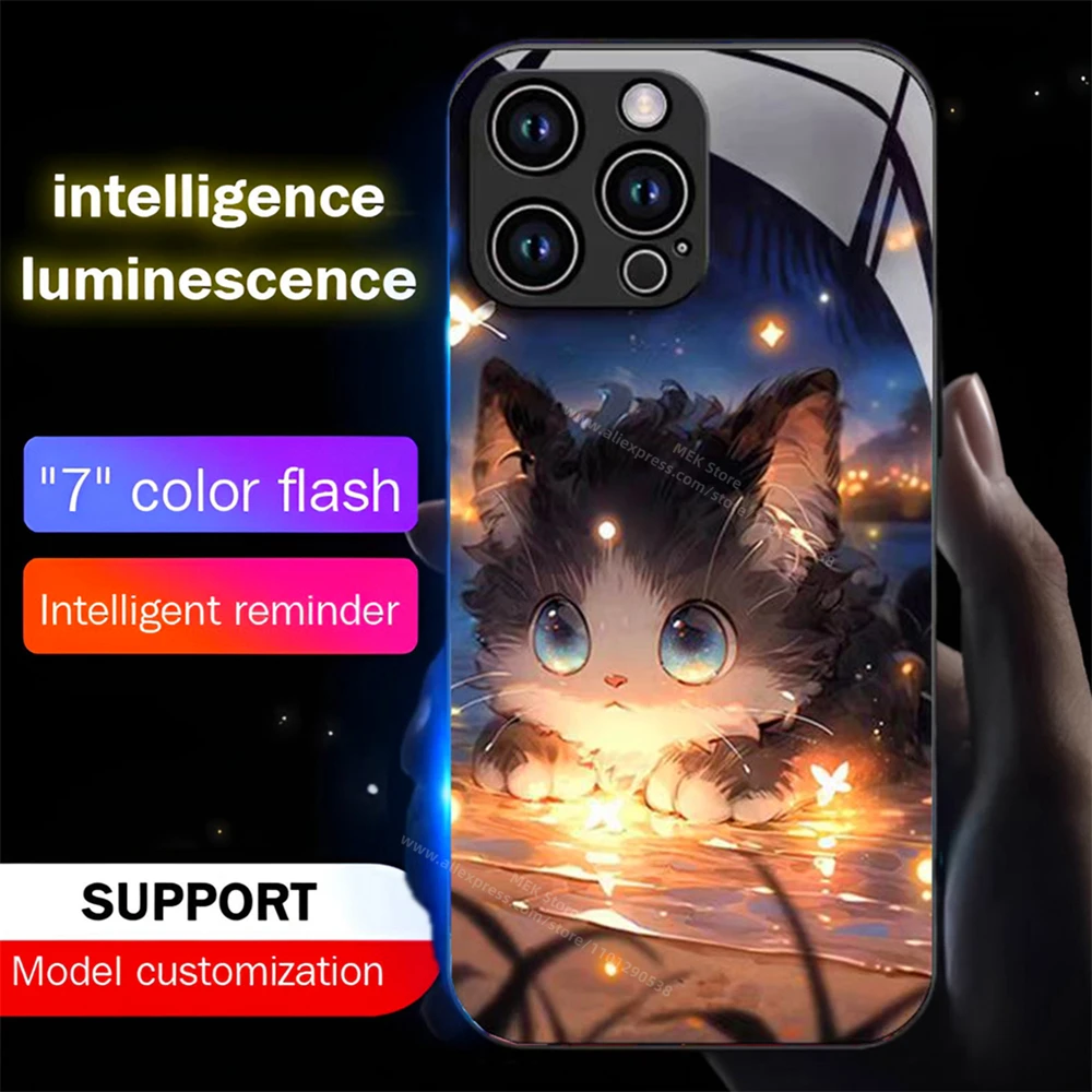 Adorável gato dos desenhos animados caso de telefone luminoso led luz vidro à prova de choque capa para iphone 16 e 15 14 13 12 11 pro max xr xs plus