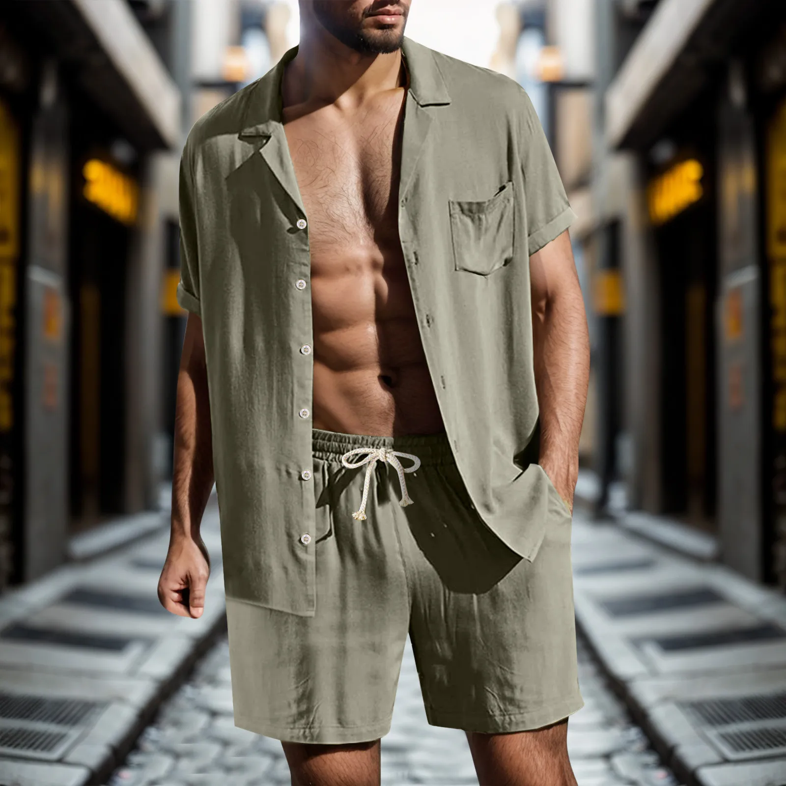 Single-breasted 2 Pcs/Set Casual Men Tracksuit Deep Crotch Summer Shorts Suit Simple for Home Streetwear