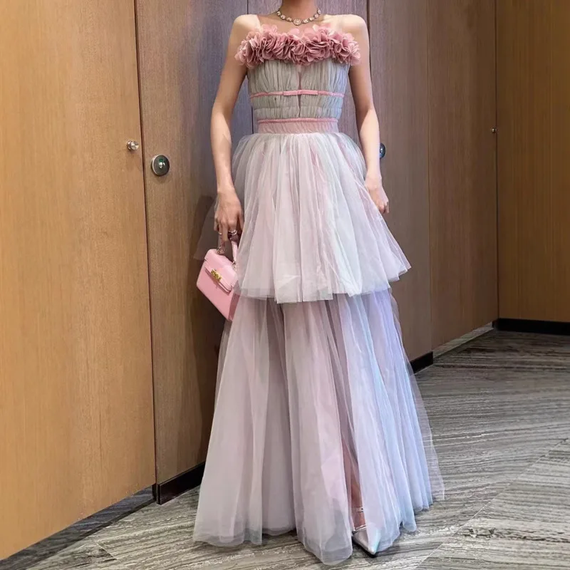 Qmqa moda feminina vestido de banquete roxo rosa emenda duplo grande balanço multi camada vestidos de festa 2025 feminino novo qm477