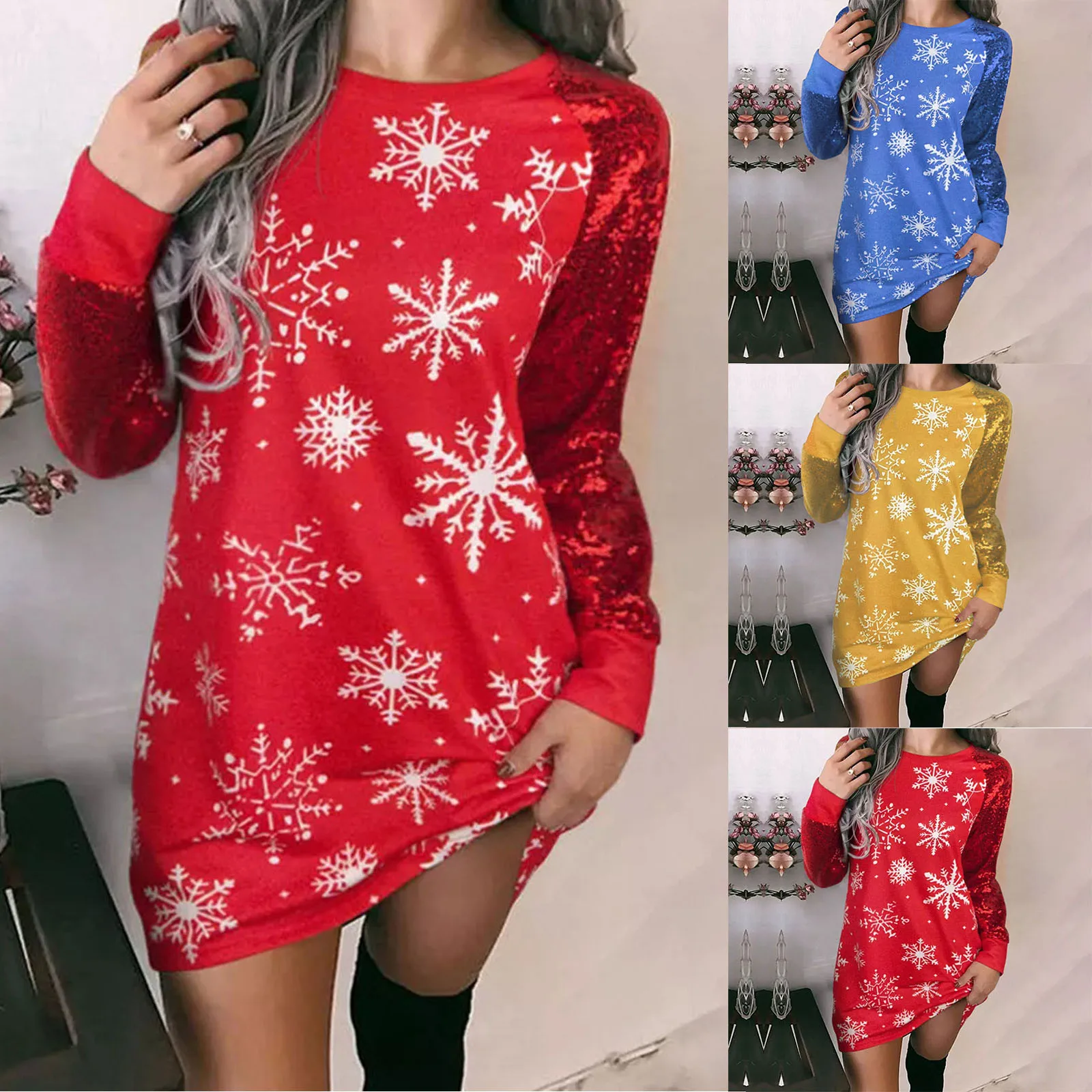 

2023 Christmas Costume Fashion Snowflake Printed Long Sleeve Patchwork Sequin Dress Autumn Winter Elegant Casual Party Dress