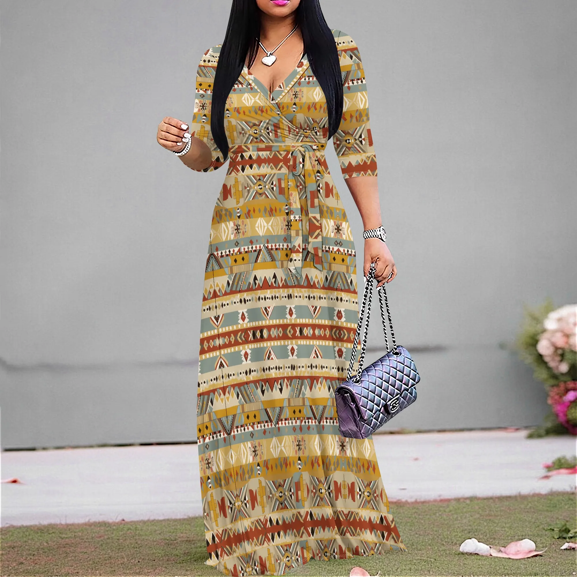 

Tribal Stripe Print Maxi Dress S-3XL V-Neck Long Style for Church, Thanksgiving or Fall Festival