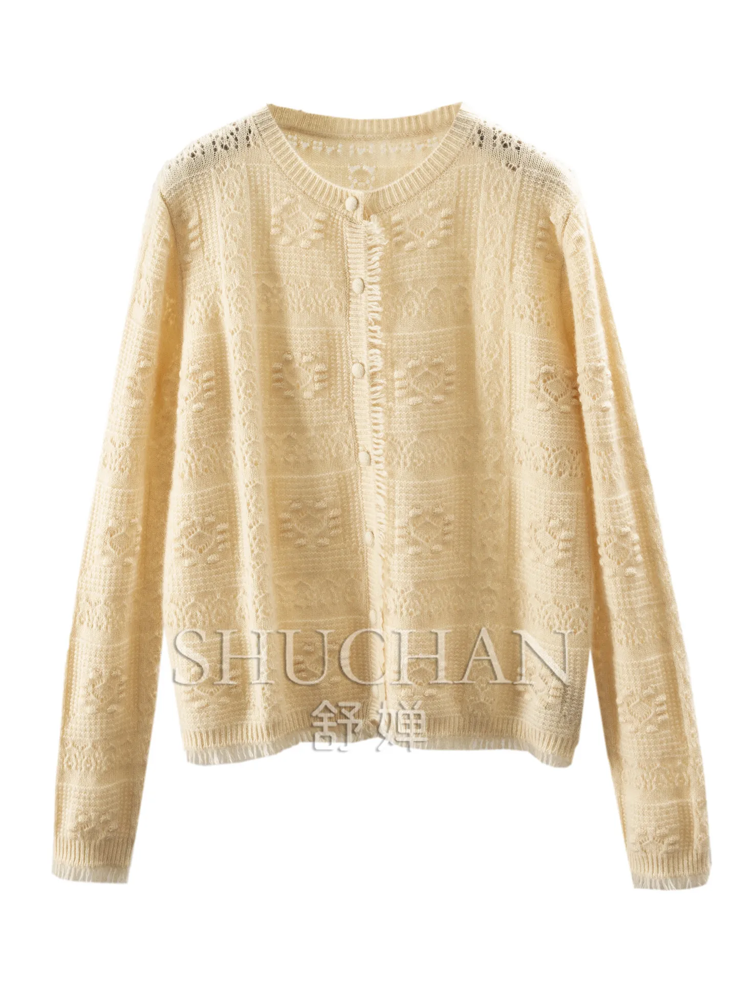280g Romantic Fairy Beauty French Industry Hollow Fringed Jacquard 100% Cashmere Sweater Cardigan Female 74W6