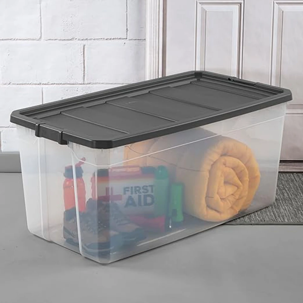 

Sterilite 200 Quart Clear Plastic Modular Stacker Storage Bin Tote Container with Latching Lid, Clear Base