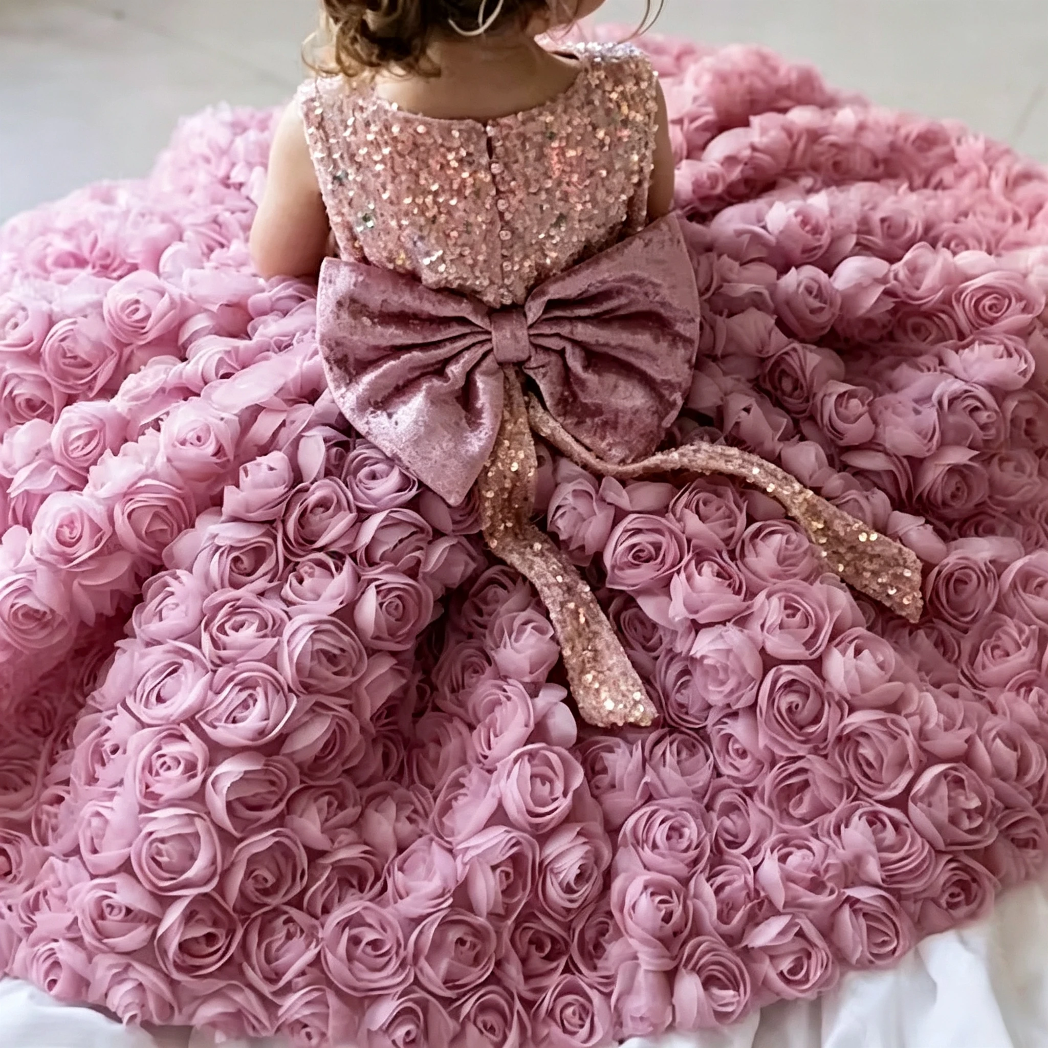 Luxury Pink Sequins Flower Girl Dresses for Kids 3D Flowers Big Bow Princess Birthday Wedding Party Children Holi Dubai