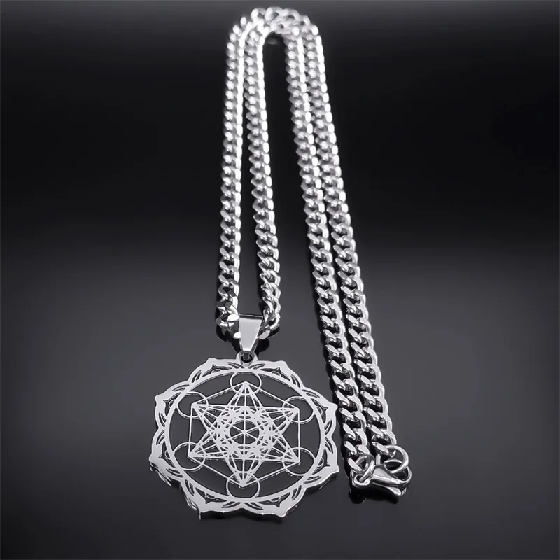 Flower of Life Metatron Cube Necklace Women Sacred Geometry Pendant Stainless Steel Angel Seal Archangel Necklace Jewelry N7961