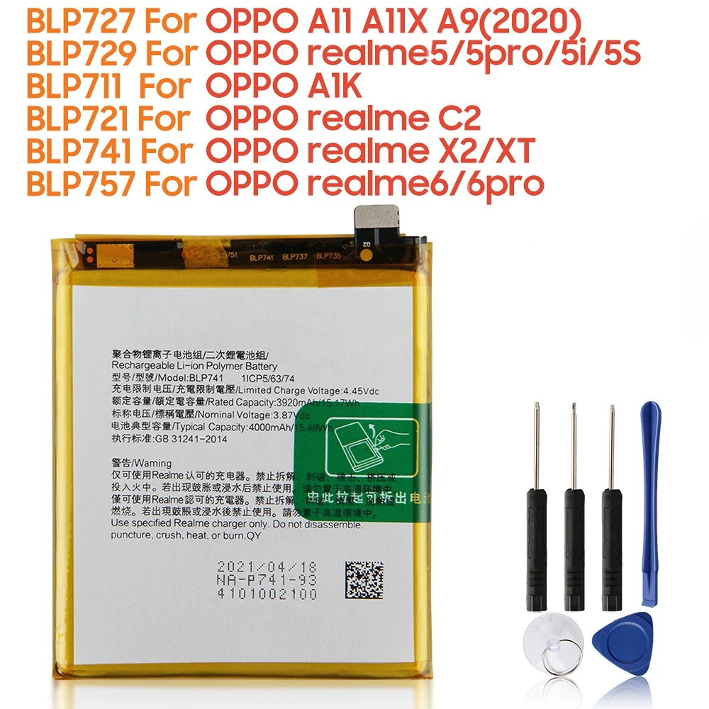 

Replacement Battery BLP711 BLP727 For OPPO A11 A11X A9 2020 Realme 5 6 5Pro 6Pro 5i 5S A1K C2 X2 XT BLP729 BLP741/757