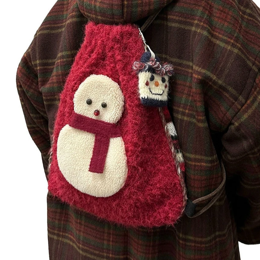 Cute Woolen Snowman Backpack Autumn Winter Kawaii Tote Bags Double-sided Use Crossbody Bag Storage Bag School Bags